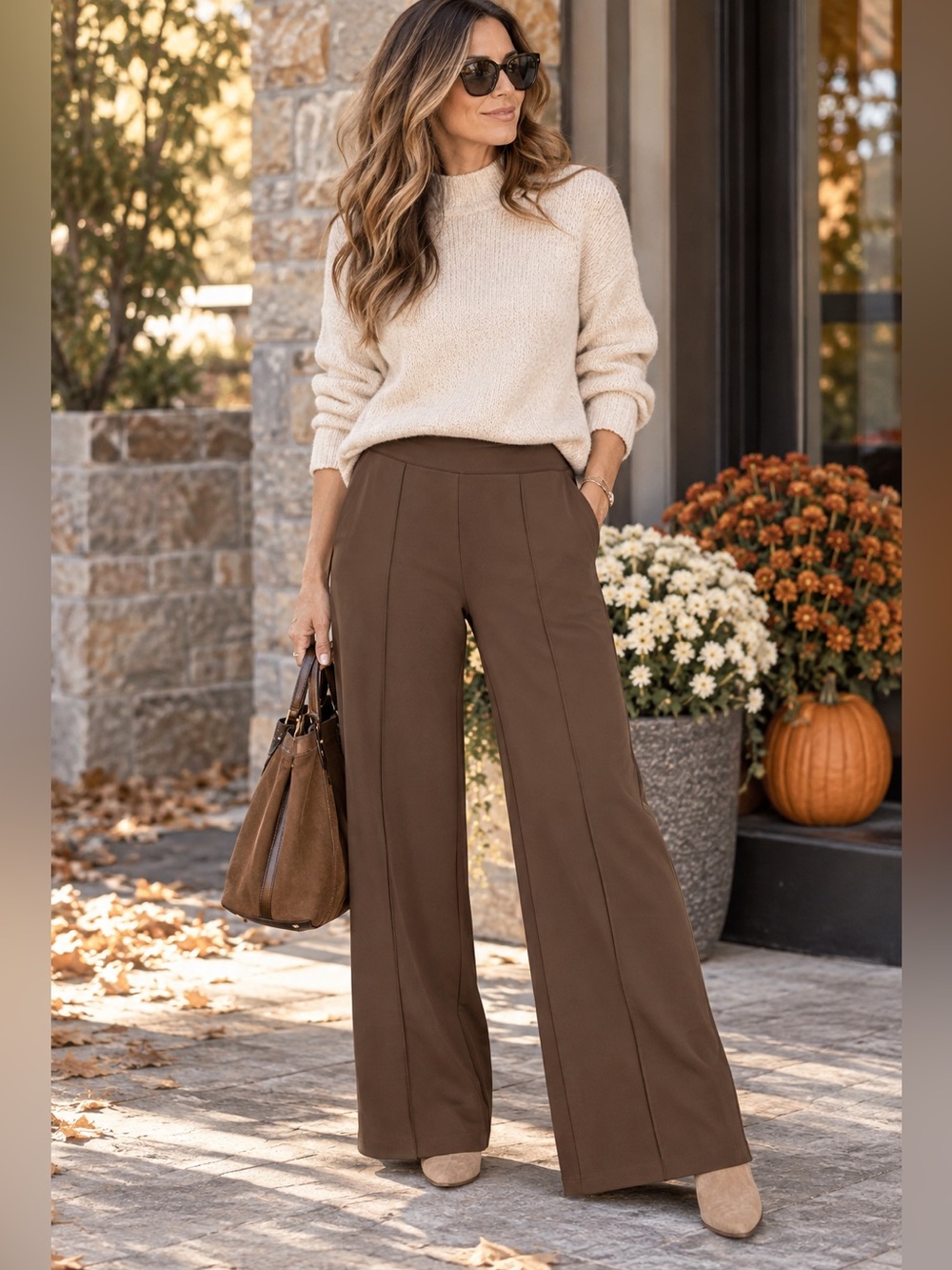 High-Waisted Brown Wide Leg Pull-On Pants | Stretch | Size Large